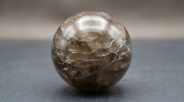 A polished sphere of smoky quartz crystal sitting on a dark grey surface.
