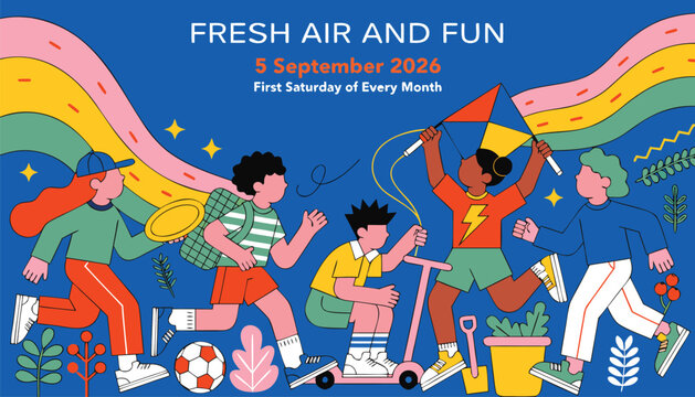 Happy children playing outdoors in a park, flat vector illustration