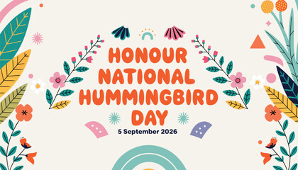 National hummingbird day greeting card with colorful birds and flowers © vectyx2