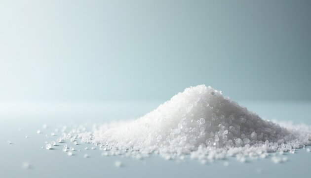 White salt pile on soft surface with sparkling grains and gentle light creating soft reflections. Salt features fine crystal structure with pure white color. Concept food seasoning and culinary use.