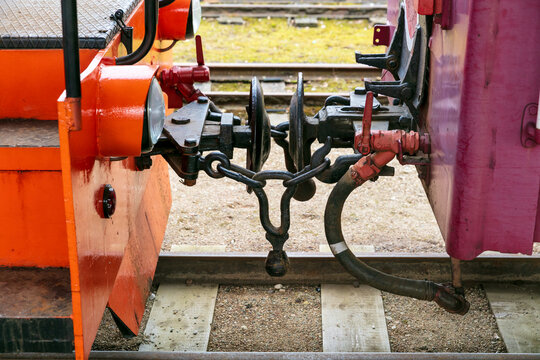 View of the coupling mechanism between two train cars of the Aukstaitija narrow gauge railway in Panevezys, Panevezio apskritis, Lithuania.