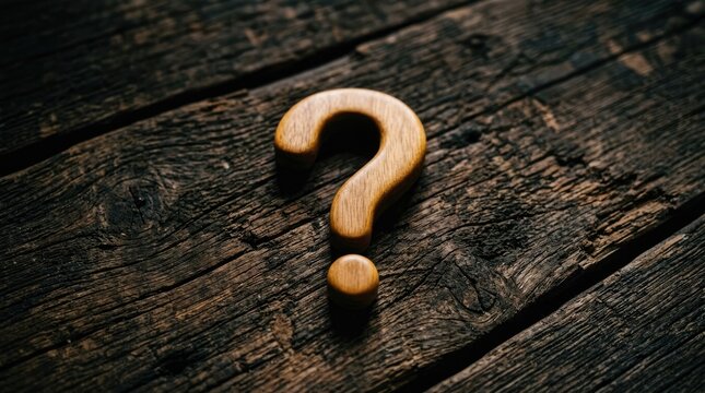 Polished wooden question mark sitting elegantly upon a dark rustic weathered oak plank textured floor surface