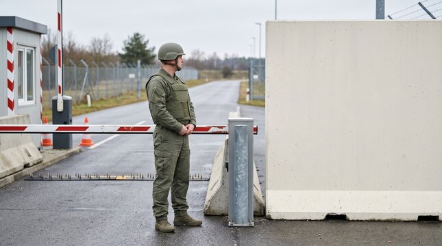 Soldier standing guard at military checkpoint in uniform during day  