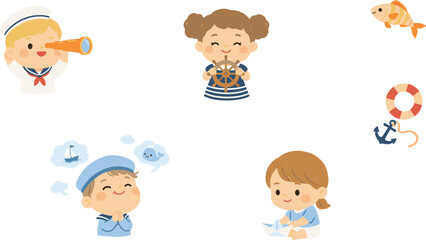 Fototapeta premium Cute Kids Sailor and Nautical Vector Set Featuring Little Captains with Telescope Wheel Anchor and Marine Elements for Childish Designs