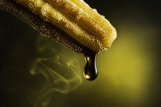 Churros with caramel drizzle and steam on dark background