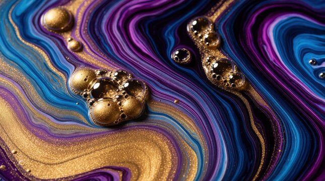 Abstract fluid art with gold paint bubbles on purple, blue background. Swirling liquid acrylic marble pattern surface in macro. Creative metallic texture mixed with vibrant colours for modern graphic
