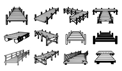 Wooden Dock Vector Icon Set with Pier Jetty Floating Pontoon and T Shaped Walkway Illustration Bundle © MdShagarAli
