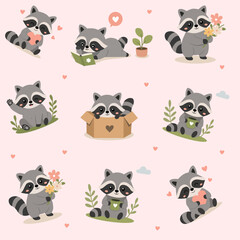 Naklejka premium Pattern with cute raccoons, forest animals, stickers, print for paper and clothing