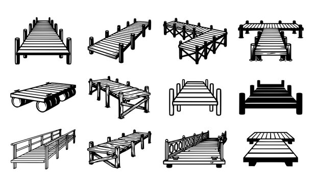 Wooden Dock Vector Icon Set with Pier Jetty Floating Pontoon and T Shaped Walkway Illustration Bundle