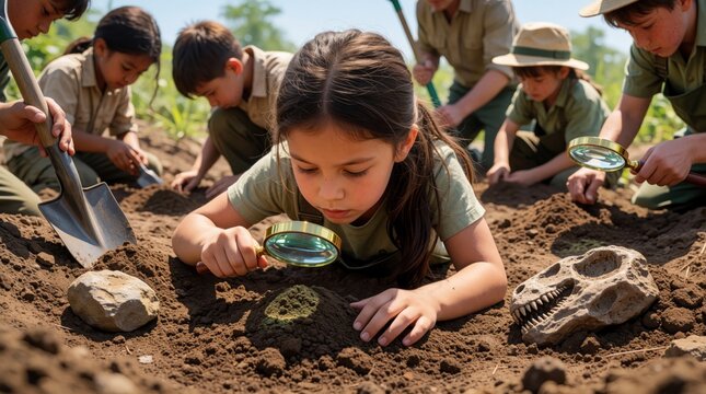Kids wear safari outfits digging soil finding dinosaur fossil with magnifying glass. Young explorers examine ancient bones in paleontology dig site outdoors. Children learn science history.