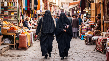 Naklejka premium Two Afghan women wearing traditional black burkas and face veils walking together down a bustling market street, representing Islamic culture, traditions