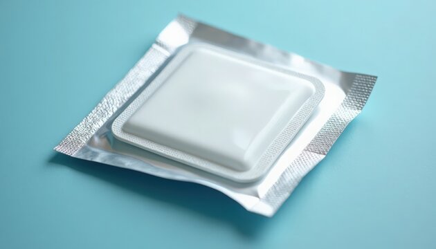 Packaged soap in plastic wrap on blue background.
