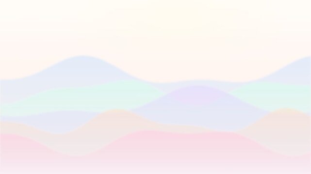 Abstract pastel wave animation. Overlapping soft hills move horizontally in shades of pink, blue, and yellow. Minimalist motion graphic for presentation background and web headers.