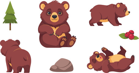 Cute Little Brown Bear Cub Cartoon Character Vector Set Featuring Sitting Walking Rolling Poses Pine Tree Rock and Forest Berries © Md. Al-Amin