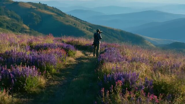 A vivid portrayal of a hiker standing on a trail amidst a field of wildflowers. The hiker, wearing a hat, backpack, and holding a camera with a tripod, takes a photograph of the expansive.