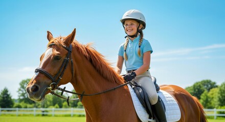 Obraz premium Smiling Child Riding Horse in Equestrian Sport Outdoors Bright Summer Activity Joyful Youth Lesson
