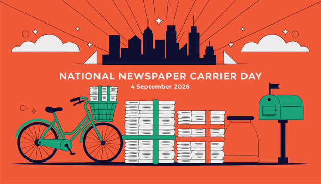 National newspaper carrier day illustration with bicycle and newspapers