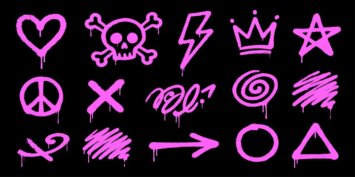 A collection of pink graffiti-style icons, including a heart, skull and crossbones, lightning bolt, crown, star, peace sign, X mark, spiral, scribbles, arrow, circle, and triangle.