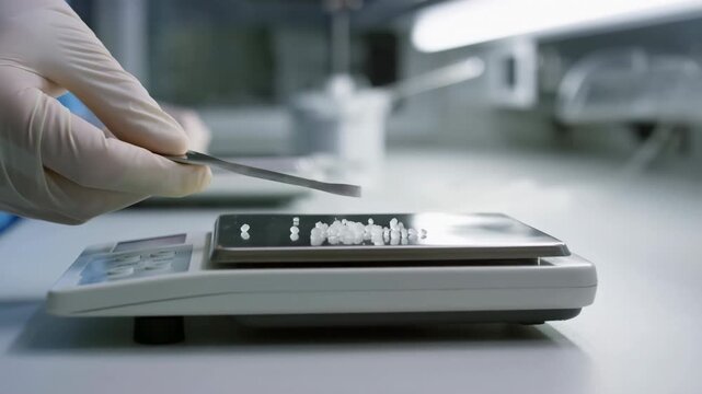 Gloved hand using metal spatula placing white granular sample onto digital scale inside clinical laboratory with precise measuring setup and sterile bench surface
