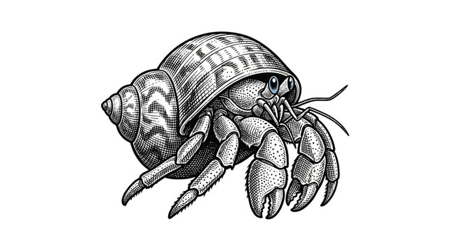 Hermit crab inside a spiral shell engraving.