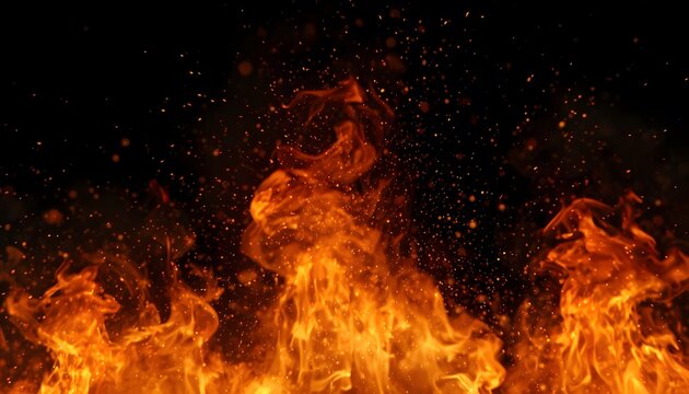 Dramatic blazing fire flames with glowing particles and heat smoke against dark backdrop