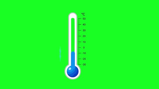 Animated thermometer on green screen dropping to freezing cold temperatures with a snowflake. Ideal for winter or weather concepts.