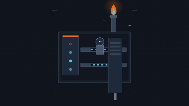 Stylized industrial control panel interface animation with gas flare stack and pressure gauge elements