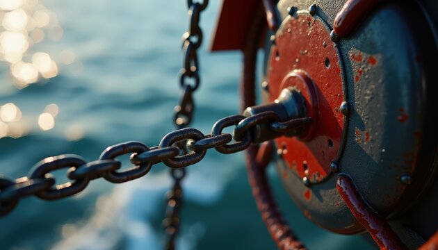 Close-up of a rusted ship anchor chain and pulley system on water surface. Detailed texture of the metal chain and connecting elements illustrates maritime equipment.