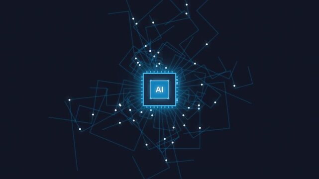 Artificial intelligence chip processor with glowing network connections moving in digital cyberspace environment.