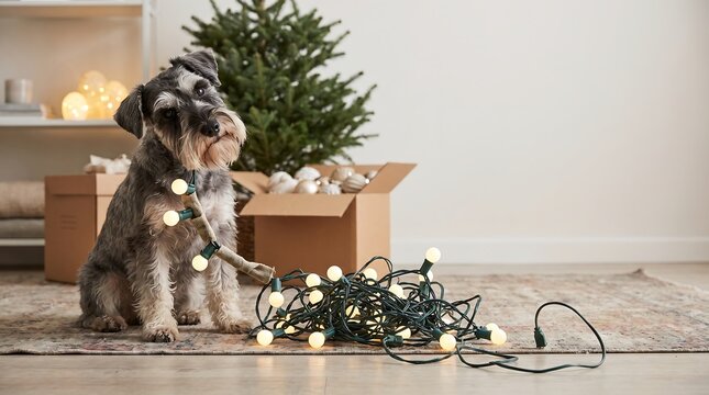 A cute miniature schnauzer dog sitting on a rug with a tangled string of glowing warm white christmas lights near a cardboard box of ornaments