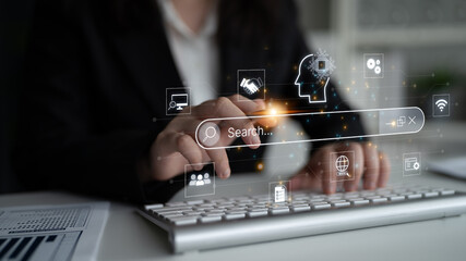 Fototapeta premium Artificial intelligence AI search concept enabling smarter discovery, recommendations to digital services and knowledge. Generative AI search engine algorithm provide user intent result. Corpus