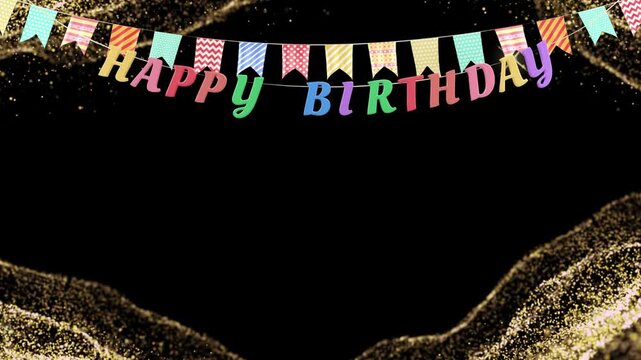 Festive birthday celebration background with video colorful 3D birthday scene tiered cake floating balloons against sparkling black backdrop party gifts floating congratulation