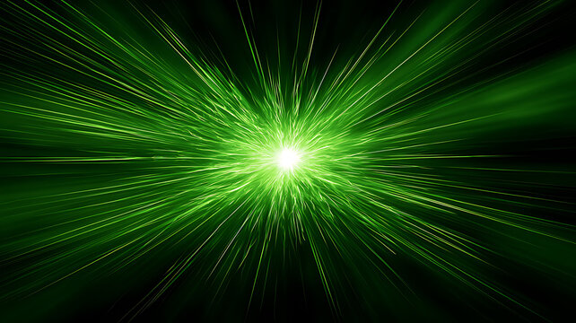 Abstract green light explosion background with radial streaks and glowing particles