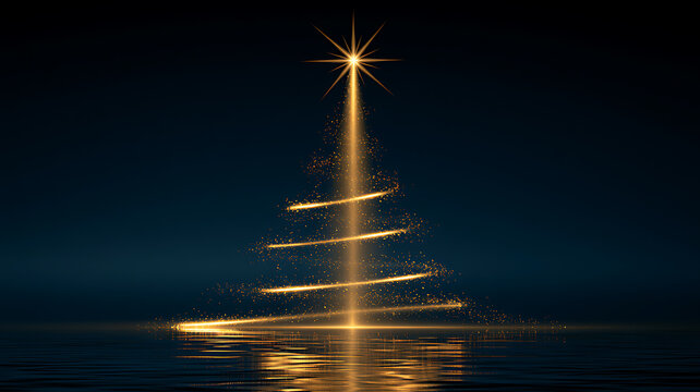 Golden christmas tree made of glowing light trails, star topper, and sparkles reflecting on dark water background