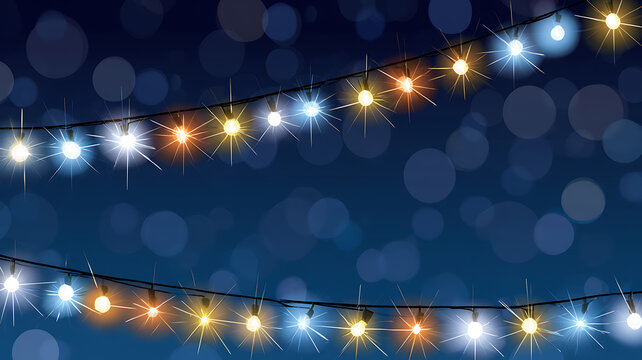 Festive string lights with glowing bulbs on a dark blue background, decorative holiday lighting for celebration