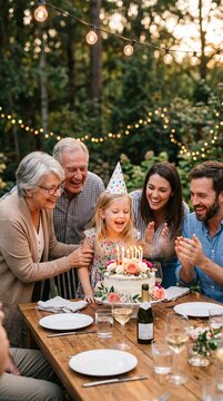 Multi generation family grilling outside on patio in summer during garden party