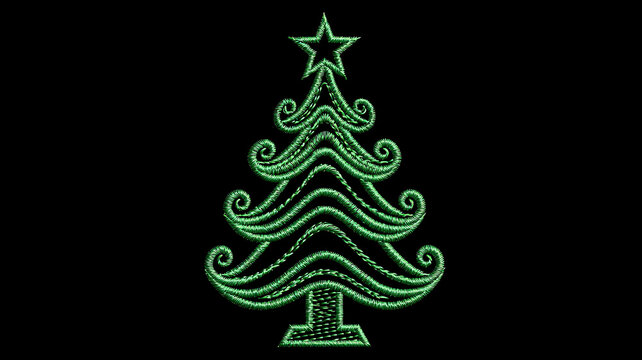 Embroidered green christmas tree with a star on top, decorative festive design for holiday apparel and home decor