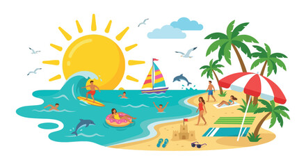 Tropical beach scene with sun waves and people vector illustration © Sumon