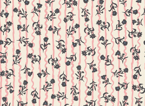 Hand drawn, flowers with leaves on pink striped background as seamless repeat pattern. Random placed, botany and lines aop, all over surface print.