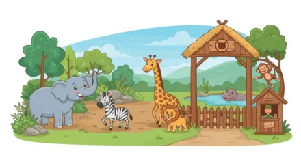 Fototapete Zoo Zoo scene with elephant zebra giraffe and lion vector illustration  © Sumon