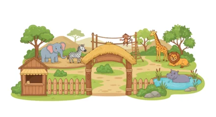 Fototapete Zoo African Safari Scene Vector Illustration With Animals And Wooden Structures  © Sumon
