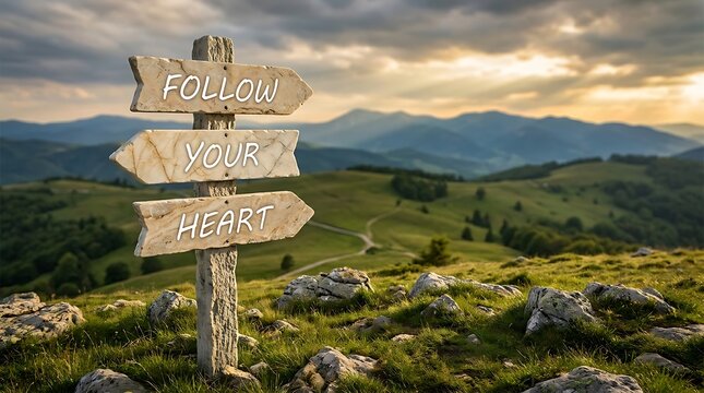 Inspirational wooden signpost with follow your heart message in scenic mountain landscape