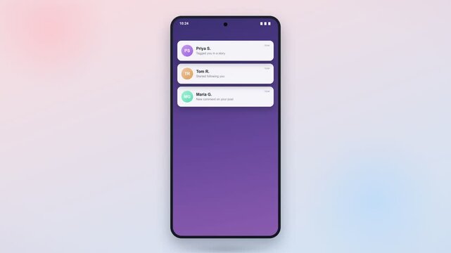 Generic smartphone mockup with push notification stream. Glassy app cards spring onto the screen, shifting older alerts down in a continuous flow. Seamless loop for mobile ui ux.