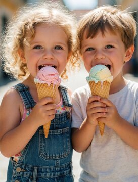 Two smiling children eat ice cream cones outdoors. A boy and girl enjoy sweet frozen desserts on a sunny day. They look happy and cheerful, sharing a moment of joy.