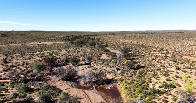 Low-altitude aerial view of a seasonal river meandering through the semi-arid Great Karoo near Prince Albert in the Western Cape, South Africa.