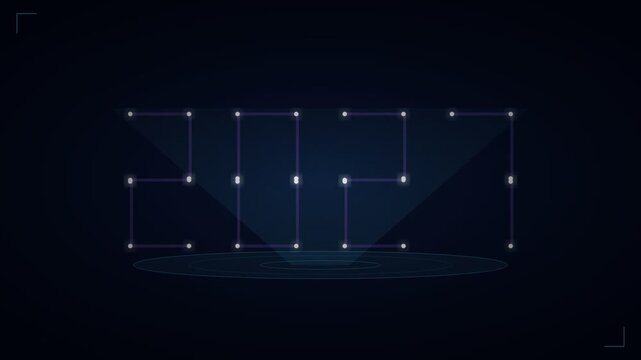 Sci-fi 2027 hologram animation with glowing cyan wireframe digits. Includes volumetric light, flickering scanlines, and a seamless 3D loop for futuristic technology background use.