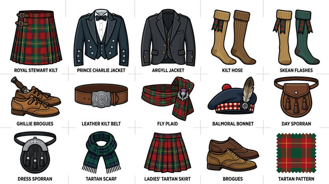 A collection of traditional Scottish clothing and accessories including a kilt jacket brogues sporran socks and tartan pattern vector illustration