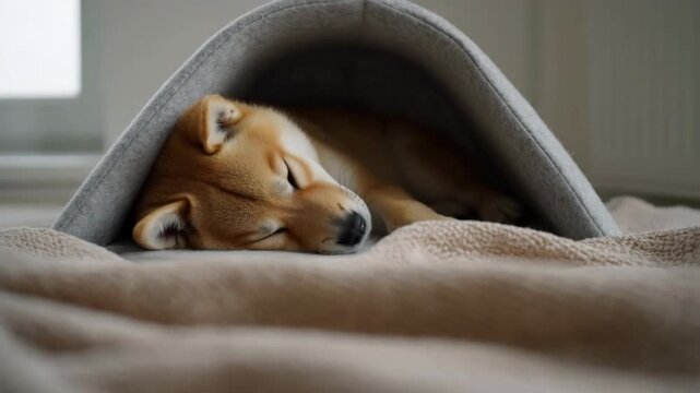 Sleeping tan dog nestled inside rounded fabric pet cave with textured fleece blanket in foreground and soft window light creating calm cozy indoor scene, with dog, pet, sleeping, resting detail
