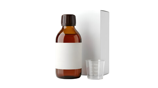 Amber medicine bottle with a blank label and a small plastic measuring cup