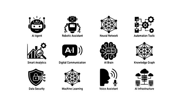 Artificial intelligence agent glyph icons black vector illustration